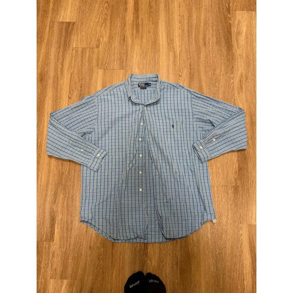 Polo Ralph Lauren Marlowe Mens XL Blue White Plaid Cotton Button Down Shirt